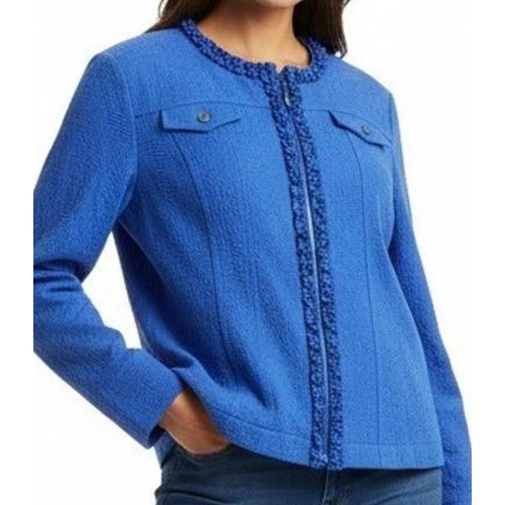 Ruby Rd Vintage Women's  Blue Textured Jacquard Ruffle Zip Front Jacket size 14